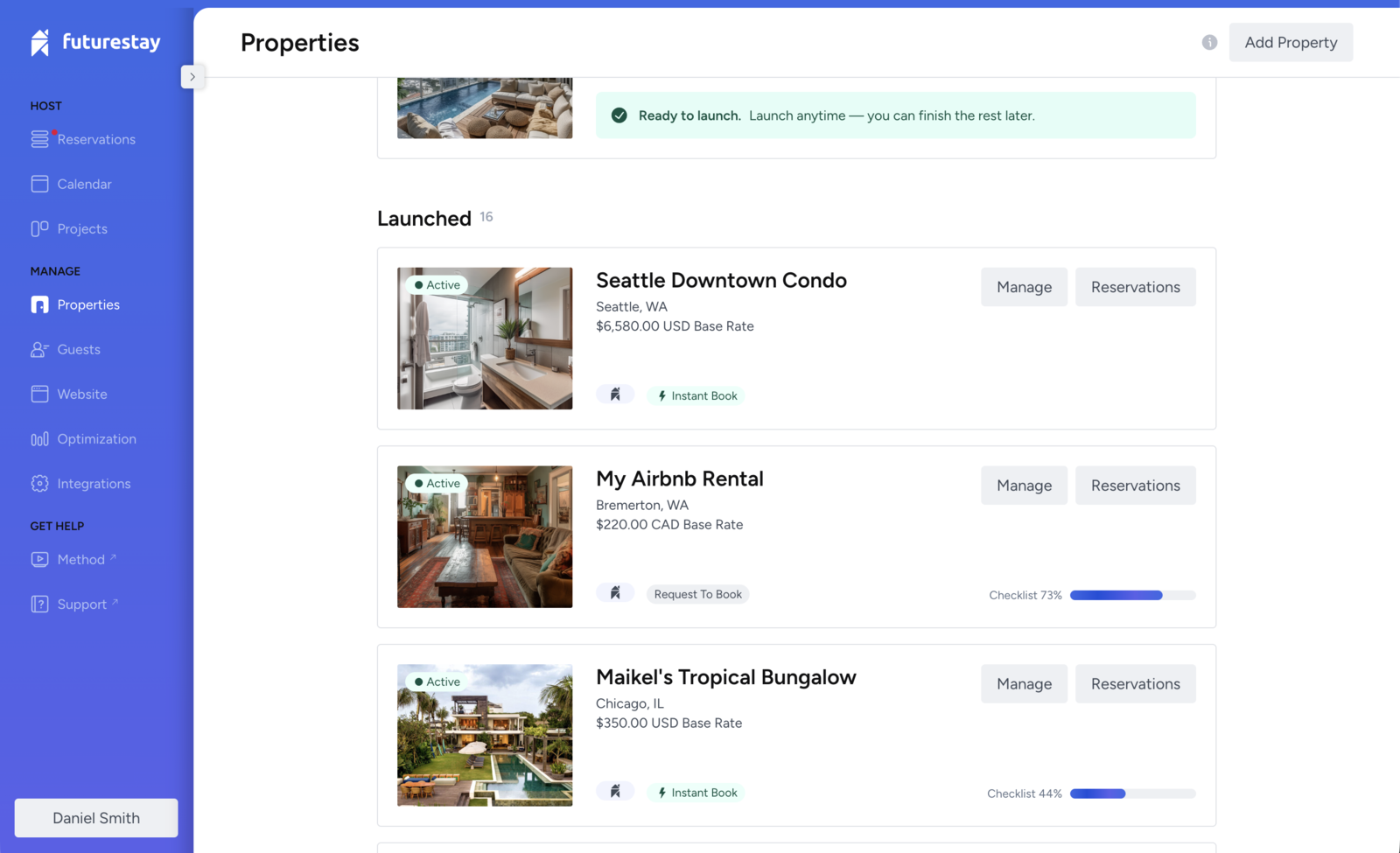 Futurestay: Properties dashboard