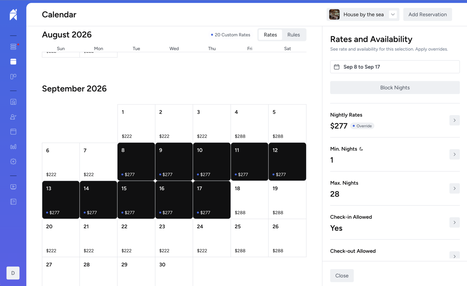 Futurestay: Rates & availability calendar