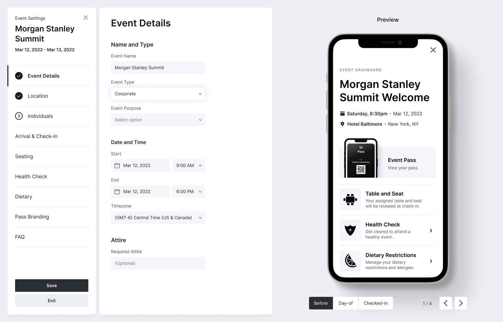 VOW: event editor with live guest-app preview