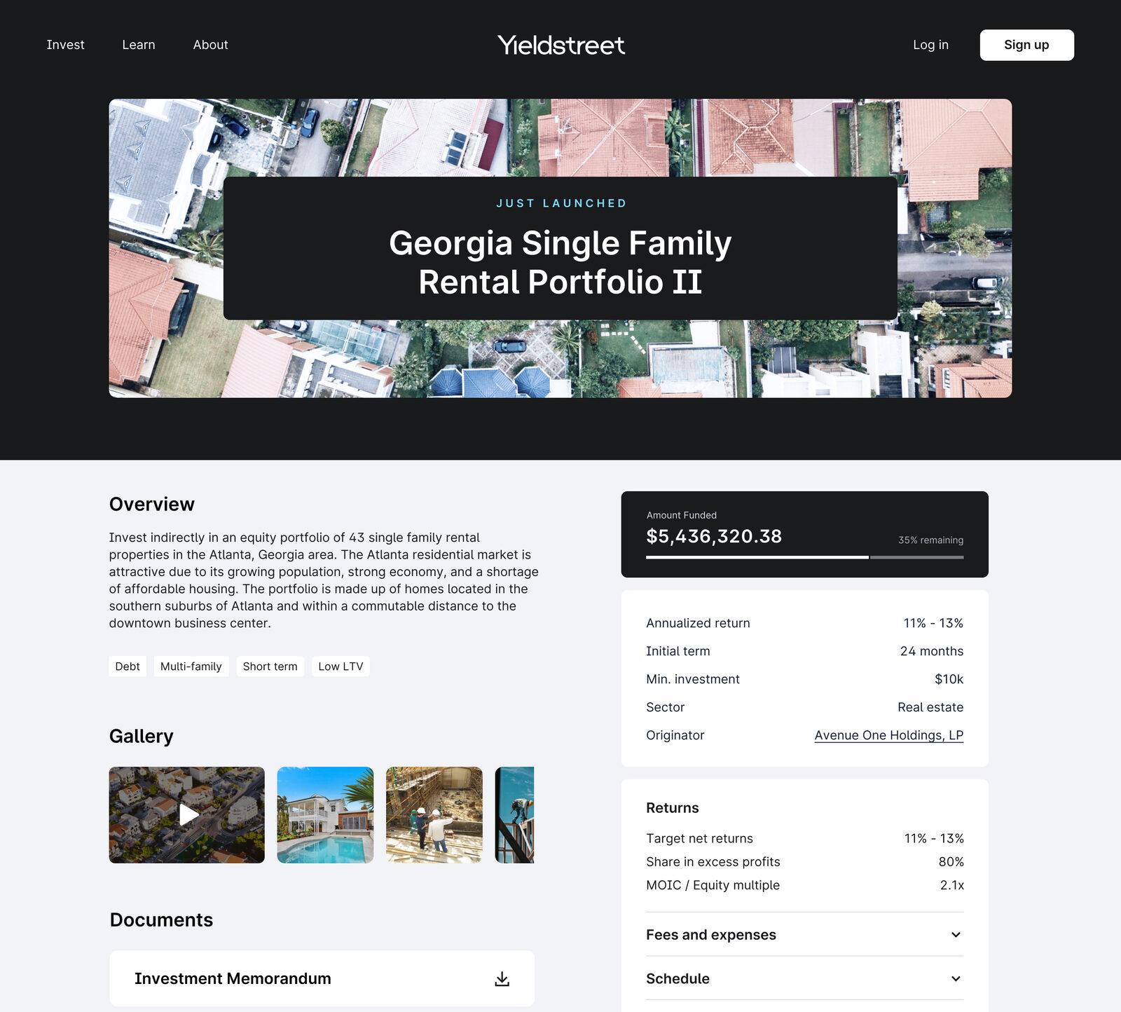 Yieldstreet: a single-investment offer page balancing a clear overview with the depth sophisticated investors expect